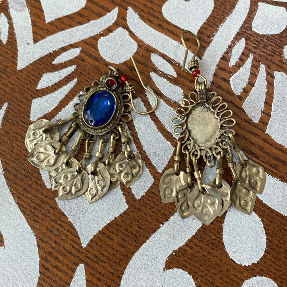 Moroccan Blue & Gold Chandelier Earrings - Picture 3 of 6